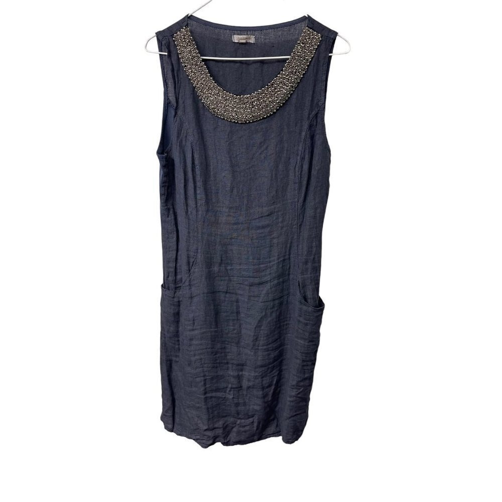 Lina Tomei Linen Shift Dress Women's Size Medium Beaded Neckline Made In Italy
